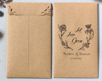 25 Custom Printed Seed Packets - Brown Kraft Envelopes Personalized - Rustic Wedding Favor Envelopes - Let Love Grow Gift Envelopes