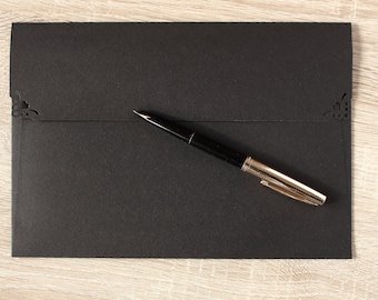 25 Black Envelopes C5 6x9&quot; Large Mailing Envelopes fit A5 Wedding Invitations - Straight Flap Lace cutouts Handmade Envelopes