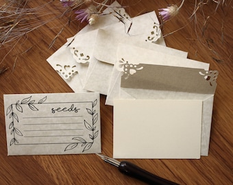 25 sobres de semillas con impresión personalizada - Mini sobres para guardar semillas con tarjetas en blanco - Papel pergamino color natural - Almacenamiento de semillas - Seed Savers