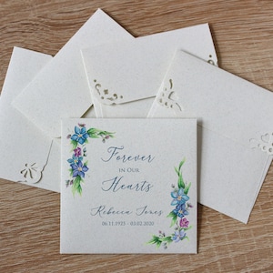 Buste di semi di fiori personalizzati, 25 buste di semi personalizzate, pacchetti di semi di non ti scordar di me funebri, buste di favori commemorativi del ricordo