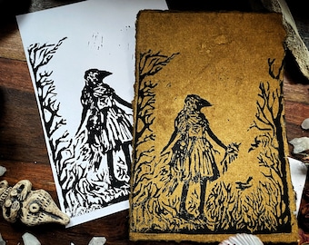 Linocut Raven Girl. Choose your magical forest linoprint on white or textured handmade paper. Crow Spirit wall decor.