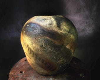 One of a kind Raku vase made in Saggar technique. Fine art ceramic pottery. Hand built, unique raku fired vessel.