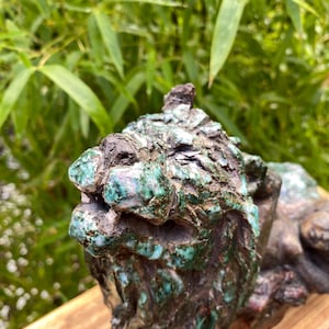 The Green Lion. Raku ceramic sculpture inspired by Tarot card Strength. Lion and sensual woman. Tarot Art. Major Arcana. Medieval symbolism