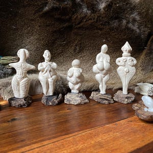 Ladies Sapiens figurines. Set of 5 Primordial Palaeolithic/Neolithic Goddesses. Willendorf, Lespegue, Cucuteni, Cypriot and Cat lady Venuses
