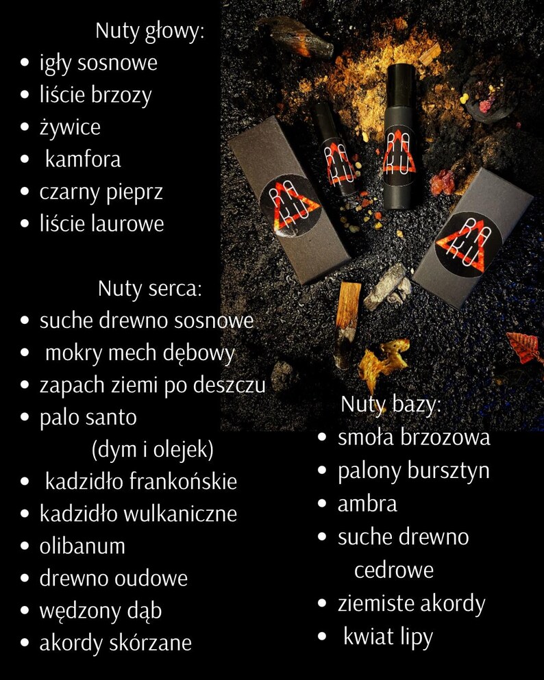 May include: Three small bottles of perfume with black labels and gold lettering. The labels have the text "RA KU" on them. The bottles are arranged in a triangle shape on a black surface. The text on the image reads "Nuty głowy: igły sosnowe, liście brzozy, żywice, kamfora, czarny pieprz, liście laurowe. Nuty serca: suche drewno sosnowe, mokry mech dębowy, zapach ziemi po deszczu, palo santo (dym i olejek), kadzidło frankońskie, kadzidło wulkaniczne, olibanum, drewno oudowe, wędzony dąb, akordy sk&oacute;rzane. Nuty bazy: smoła brzozowa, palony bursztyn, ambra, suche drewno cedrowe, ziemiste akordy, kwiat lipy."