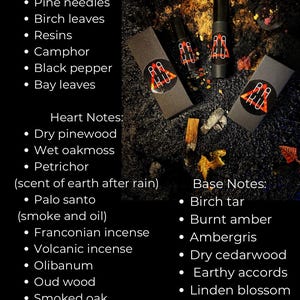 May include: Three small bottles of perfume with black labels and gold lettering. The labels feature the text "RA KURU". The bottles are arranged on a black surface with a variety of notes listed in white text. The notes include "Top Notes", "Heart Notes", and "Base Notes".