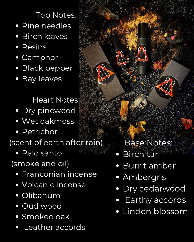 May include: Three small bottles of perfume with black labels and gold lettering. The labels feature the text "RA KURU". The bottles are arranged on a black surface with a variety of notes listed in white text. The notes include "Top Notes", "Heart Notes", and "Base Notes".