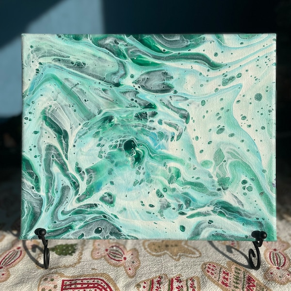 Cellular Green and White Abstract Fluid Art on Canvas