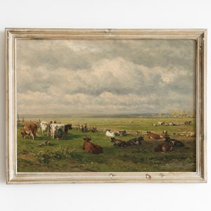 Meadow Landscape, Cows Painting, Country Landscape, Farm Painting, Vintage Art / P62