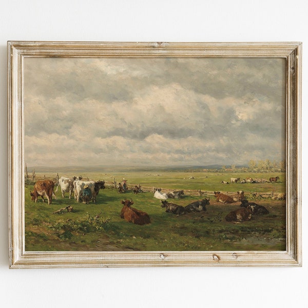 Meadow Landscape, Cows Painting, Country Landscape, Farm Painting, Vintage Art / P62