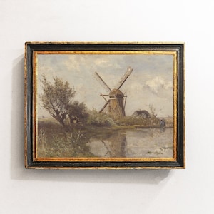 Windmill Painting, Country Landscape, Dutch Countryside, Farmhouse Decor, Vintage Print / P53