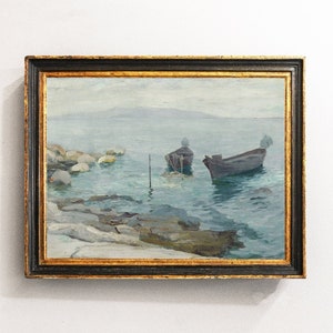 Boats Landscape, Seascape Painting, Shore Painting, Coastal Decor, Vintage Art / P462