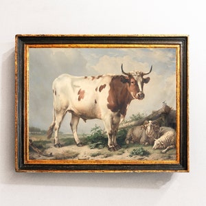 Bull Painting, Vintage Farm Painting, Cows Cattle In Meadow, Farm Animal, Country Landscape / P791