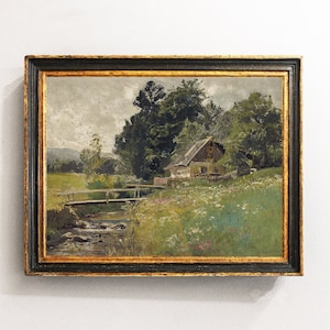Cottage Painting, Village Landscape, Farm Vintage Painting, Farmhouse Decor, Wall Decor / P254