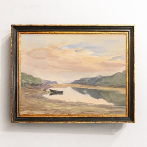 Lake Landscape, Lakeside Watercolor, Boat Painting, Vintage Painting, Vintage Print, Antique Art / P315