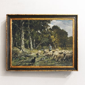 Sheep Painting, Vintage Landscape, River Landscape, Sheep in a Meadow, Farmhouse Decor, Vintage Art / P579