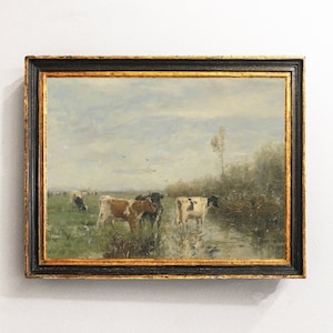 Cows Painting, Country Landscape, Riverside Painting, Home Decor, Vintage Art, Mailed Print / P46