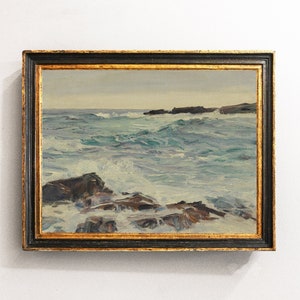 Seascape With Rocks, Seashore Painting, Seaside Print, Beach House Decor, Antique Painting / P312