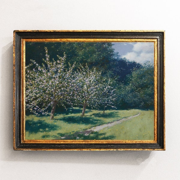 Vintage Apple Tree Blossoms, Landscape Painting for Farmhouse Dcor / P569