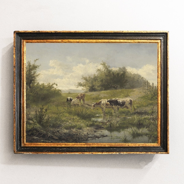 Meadow Painting, Cows Painting, Country Landscape, Farmhouse Decor, Mailed Print / P260