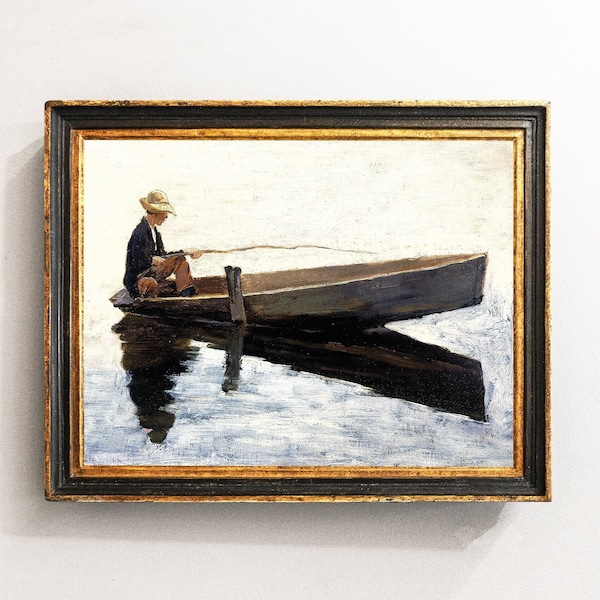 Fishermen Painting, Vintage Painting, Lake Landscape, River Landscape, Fishermen Gift, Home Decor / P536