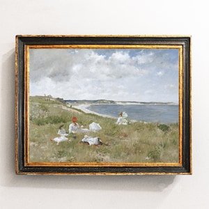 Seascape Painting, Bay Landscape, Summer Painting, Coastal Decor, Vintage Print / P645
