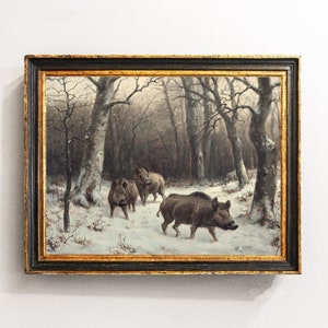 Wild Boars Painting, Winter Painting, Hunting Print, Cabin Wall Art / P706