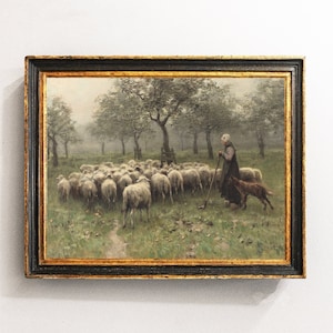 Sheep Painting, Landscape Painting, Sheep Meadow, Farmhouse Decor, Vintage Art, Mailed Print / P87