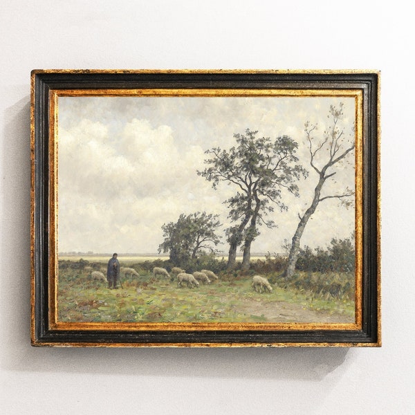 Peinture de moutons, moutons dans un pré, paysage de campagne, décoration de chalet, art vintage, impression vintage / P640