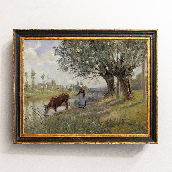 Cow Painting, Cows Vintage Print, Country Landscape, Farmhouse Decor, Vintage Painting / P338
