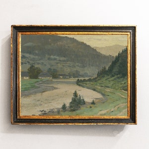 River Landscape, Vintage Painting, Mountain Landscape, Farmhouse Decor, Vintage Art / P534
