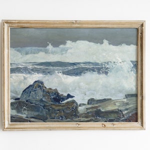 Seascape Painting, Seascape With Rocks, Beach Landscape, Nautical Decor, Vintage Print / P282