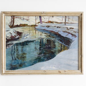 Winter Painting, River Landscape, Snow Painting, Countryside Decor, Vintage Art / P436