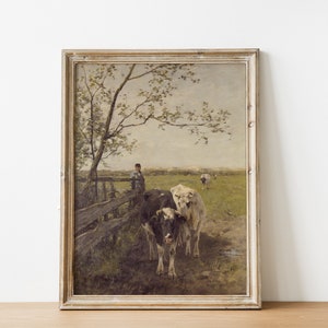 Cows Painting, Cows Print, Antique Landscape, Farm Painting, Farmhouse Decor, Vintage Art / P119