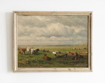 Meadow Landscape, Cows Painting, Country Landscape, Farm Painting, Vintage Art / P62