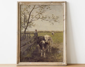 Cows Painting, Cows Print, Antique Landscape, Farm Painting, Farmhouse Decor, Vintage Art / P119