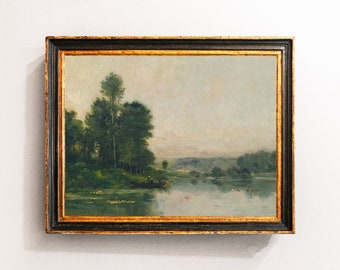 River Landscape, Vintage Landscape, Country Painting, Cottage Painting, Farmhouse Decor / P146