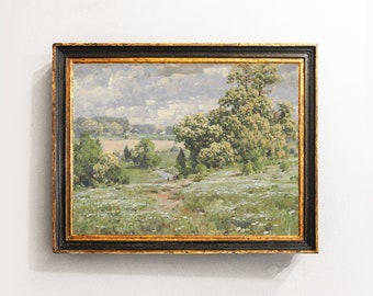 Meadow Landscape, Meadow Painting, Countryside Decor, Vintage Oil Painting, Farmhouse Art / P311