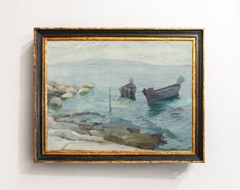 Boats Landscape, Seascape Painting, Shore Painting, Coastal Decor, Vintage Art / P462