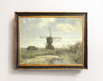 Windmill Painting, Landscape Painting, Dutch Windmill, Farmhouse Print, Vintage Art / P190