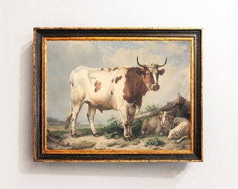 Bull Painting, Vintage Farm Painting, Cows Cattle In Meadow, Farm Animal, Country Landscape / P791