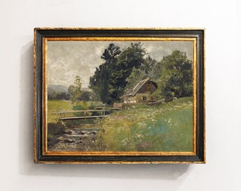 Cottage Painting, Village Landscape, Farm Vintage Painting, Farmhouse Decor, Wall Decor / P254