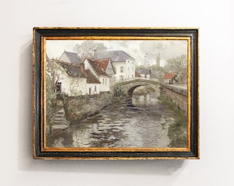 River Landscape, Village Painting, Cottage Landscape, Home Decor, Vintage Print, Mailed Print / P456