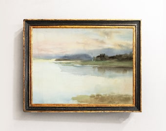 River Landscape, Country Painting, Vintage Landscape, Lake Painting, Cottage Decor, Farmhouse Art / P672