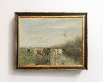 Cows Painting, Country Landscape, Riverside Painting, Home Decor, Vintage Art, Mailed Print / P46