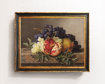 Fruits Still Life, Pomegranate Painting, Fruits Vintage Print, Grape Still Life, Kitchen Decor / P223
