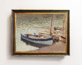 Boats Painting, Seascape Painting, Seaside Landscape, Coastal Decor, Vintage Print, Wall Art / P612
