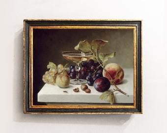 Fruits Still Life, Grape Painting, Plums Painting, Peaches Still Life, Kitchen Decor / P675