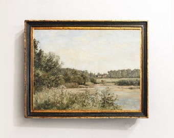 River Landscape, Farmhouse Decor, Country Landscape, Riverside Painting, Vintage Print / P644