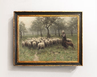 Sheep Painting, Landscape Painting, Sheep Meadow, Farmhouse Decor, Vintage Art, Mailed Print / P87